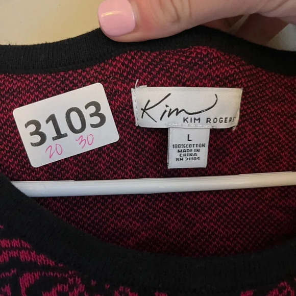 Kim Rogers Womens Red Black Sweater Tunic Large Knit Geometric Slit Long Sleeve - Picture 2 of 7